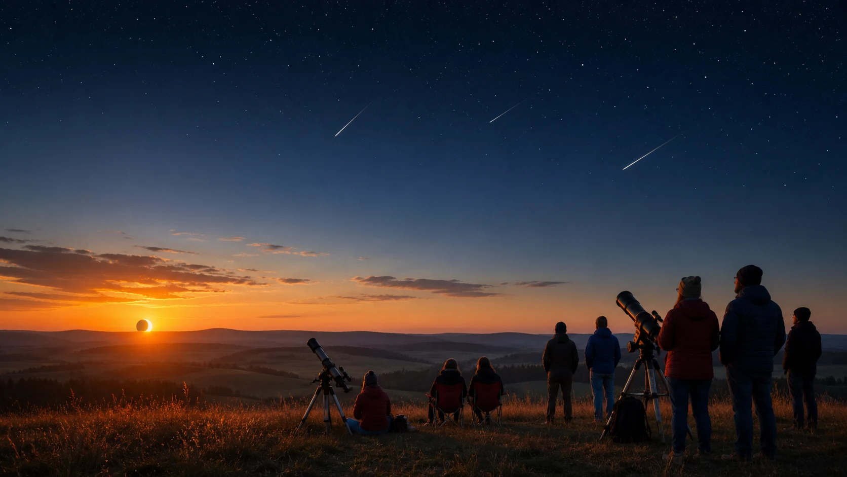 Besucherinnen und Besucher in warmer Kleidung beobachten bei Sonnenuntergang eine partielle Sonnenfinsternis und später die Perseiden auf dem Langesbühl.